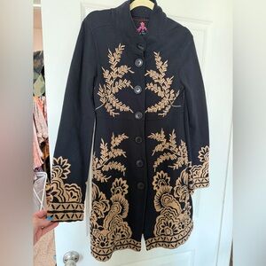 Johnny Was Navy Coat with Gold Embroidery